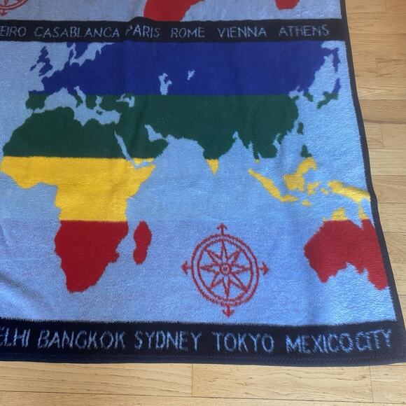 Vtg 1988 Vuteks Vukovar Crown Crafts Blanket Throw World Map City Names Compass - Picture 3 of 7